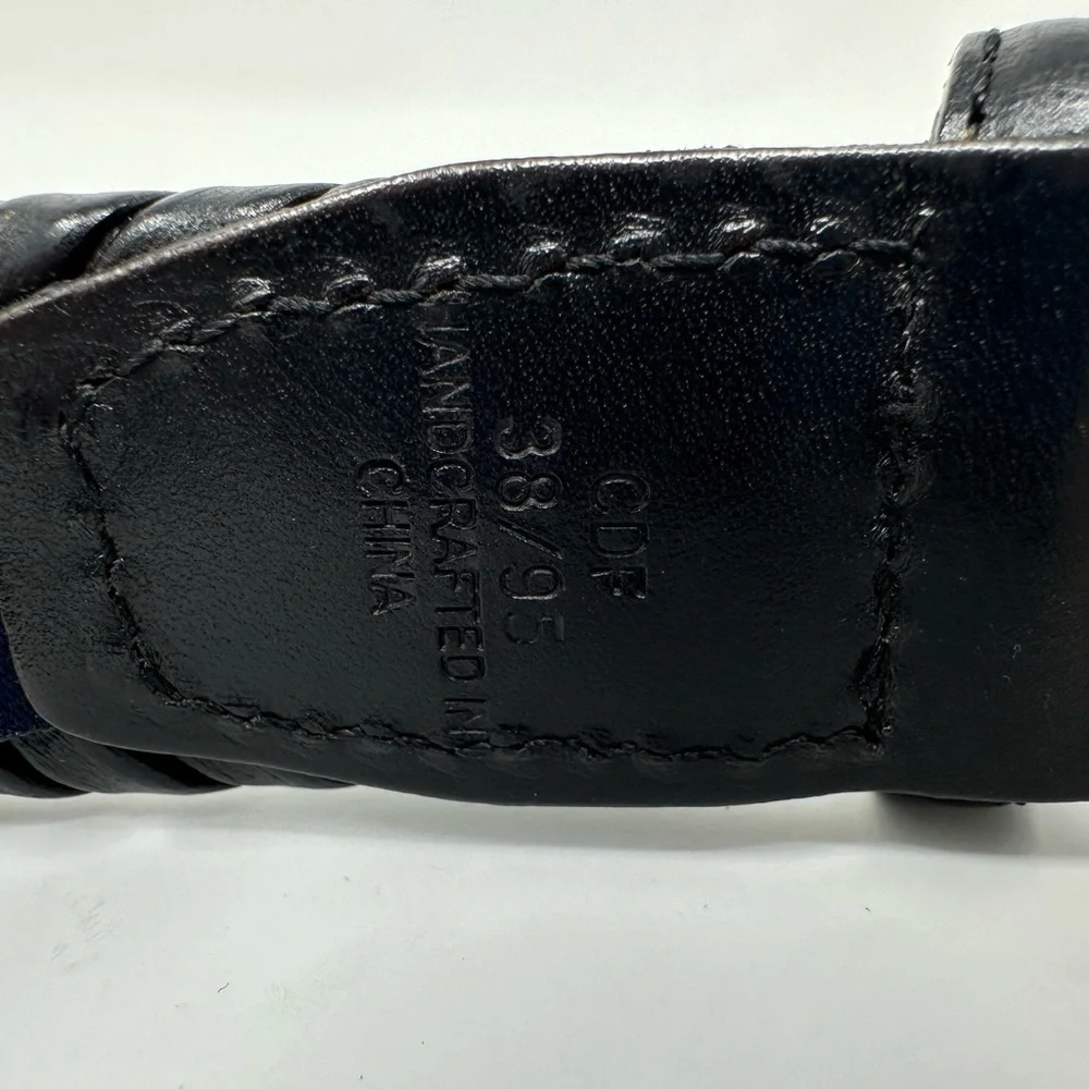 Tommy Hilfiger Braided Belt Mens 38/95 Black Leather Trim Casual Silver‎ Buckle